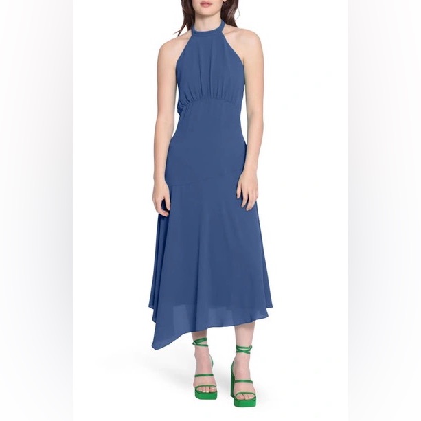 Donna Morgan Catalina Crepe Halter Neck Sleeveless Asymmetrical Hem Midi Dress